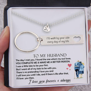 Heart Necklace & Keychain Gift Set - To My Husband, I'll Walk By Your Side Every Day Of My Life - Augnc14001 - Gifts Holder