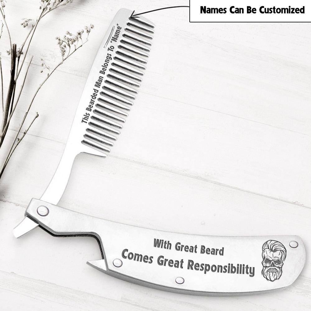Personalised Folding Comb - Skull & Tattoo - To My Husband - With Great Beard Comes Great Responsibility - Augec14002 - Gifts Holder