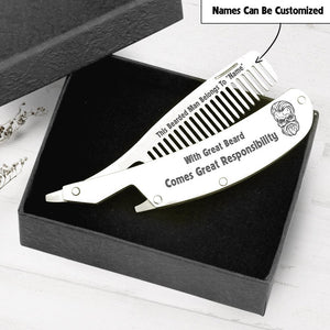 Personalised Folding Comb - Skull & Tattoo - To My Husband - With Great Beard Comes Great Responsibility - Augec14002 - Gifts Holder